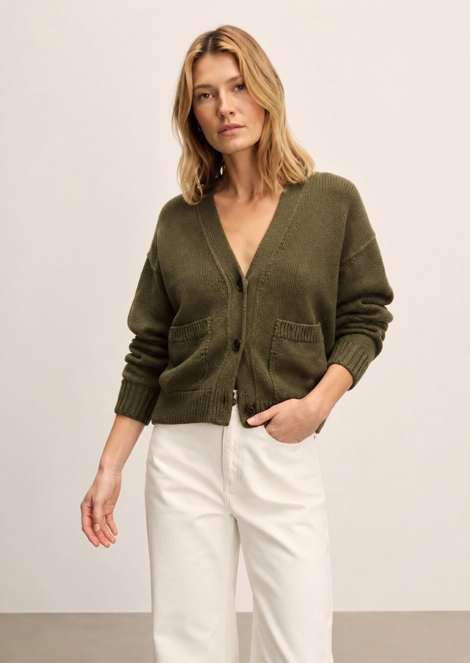Buck Mason Soft Spun Cotton Boxy Cardigan washed khaki olive green, XS C27